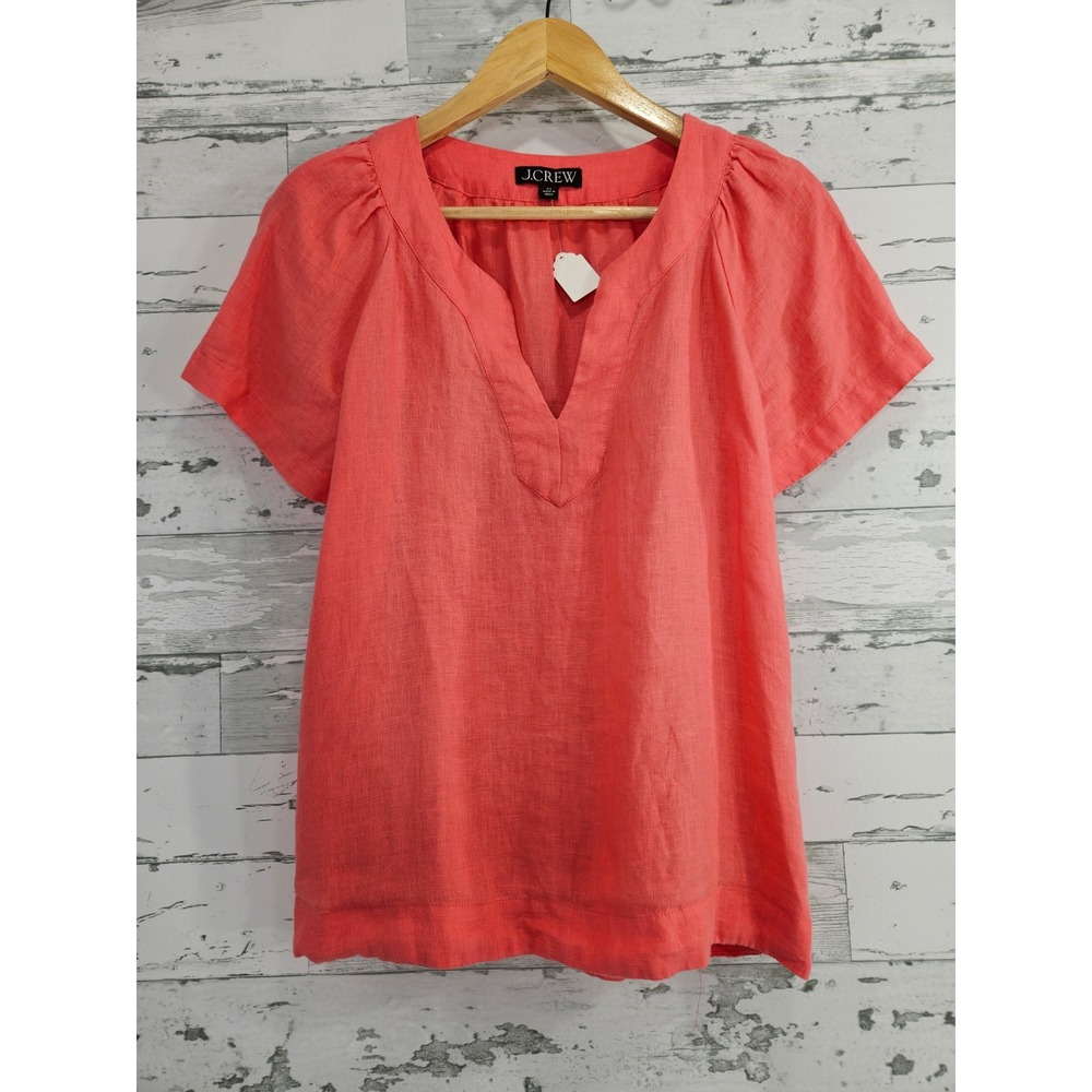 J.Crew Womens XS Coral Pink 100% Linen Short Sleeve Split V-Neck Blouse Top